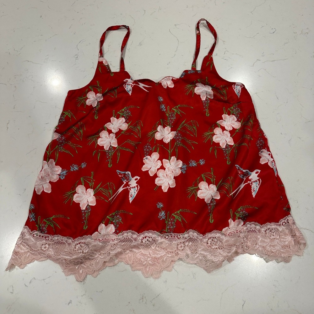 Macbeth Collection Red Floral Bird Satin Lace Trim Camisole Top W988835MGM M